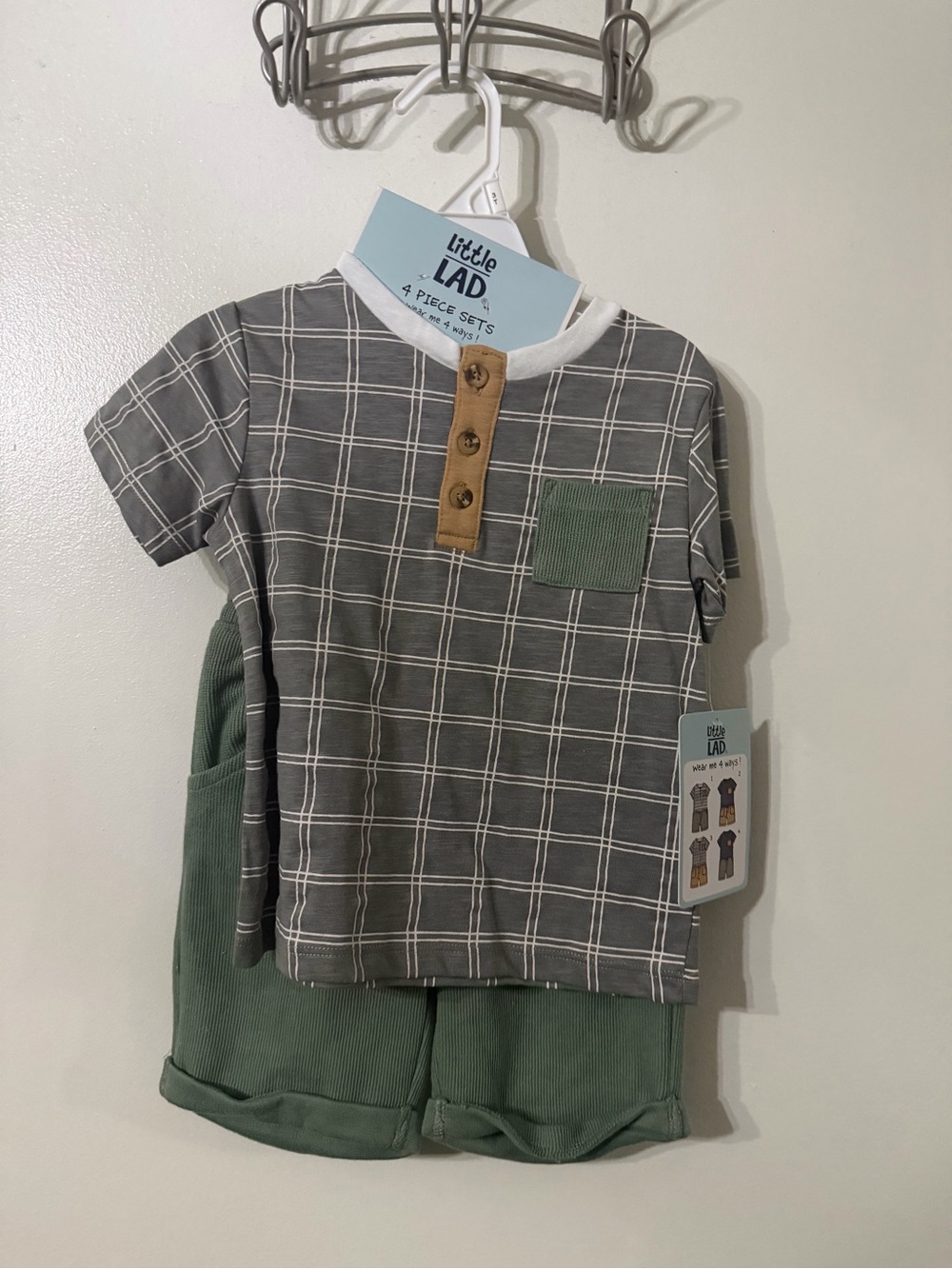 Little Lad Gray Plaid Short Sleeve Top & Green Shorts Set
